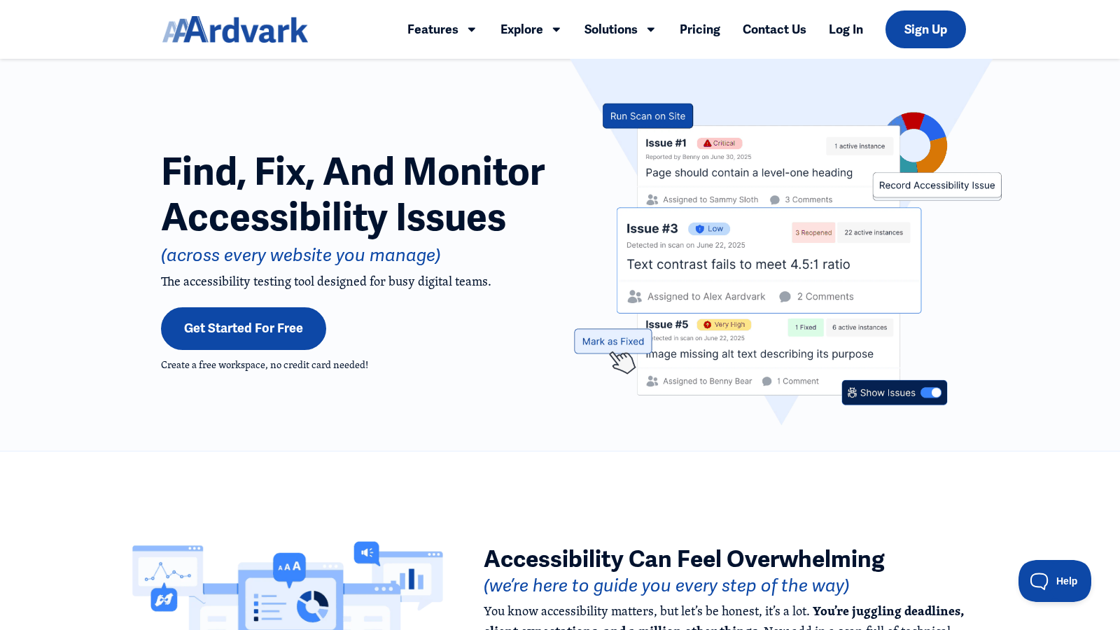 AAArdvark homepage: 'Find, Fix, and Monitor Accessibility Issues', showing a scanned issue list with severities and assignees.