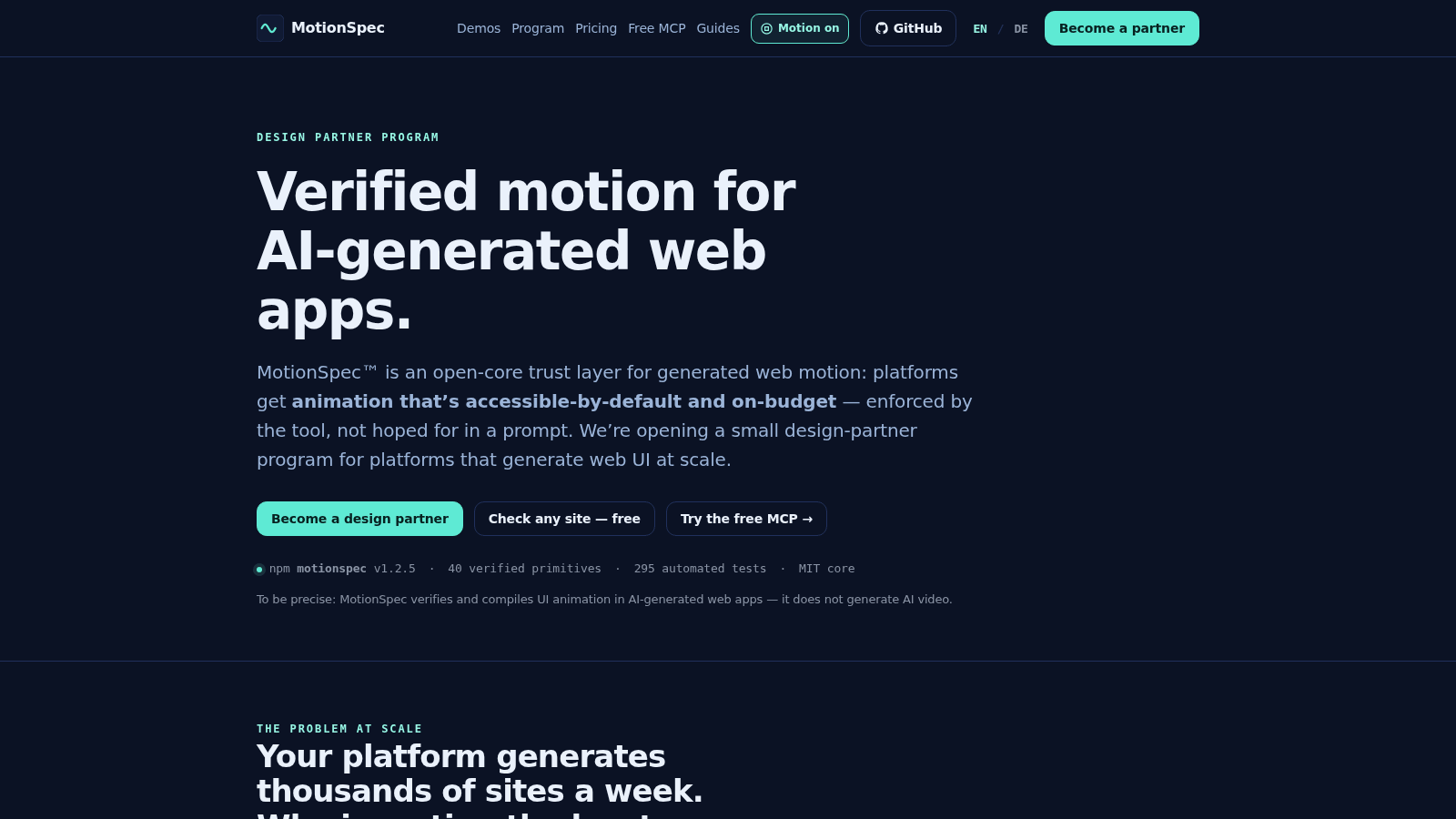 MotionSpec homepage: 'Verified motion for AI-generated web apps' — open-core, with 40 verified primitives and 295 automated tests.
