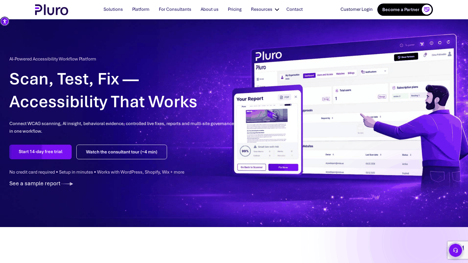 Pluro homepage: 'Scan, Test, Fix — Accessibility That Works', an AI-powered accessibility workflow dashboard.