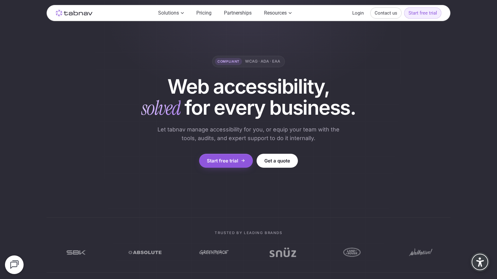 Tabnav homepage: 'Web accessibility, solved for every business', badged compliant with WCAG, ADA and EAA.